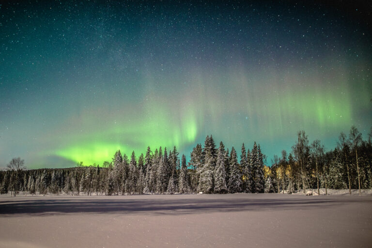 Green and violet Northern Lights reflecting on a luxury mirror-glass cabin in a snowy Swedish Lapland forest.